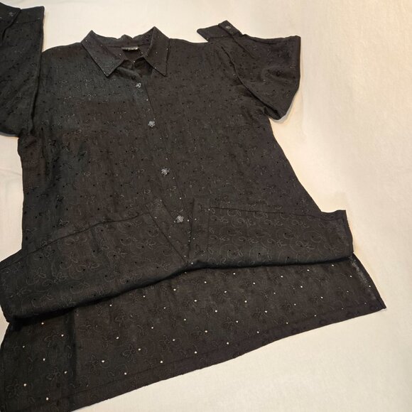 Vintage 20 SOUTH Old Money Boho BLACK Linen Eyelet Tunic Mini Dress Size 1X. - Picture 8 of 16